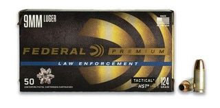Federal Premium 124 gr jacketed hollowpoint HST ammunition, 50 rounds.